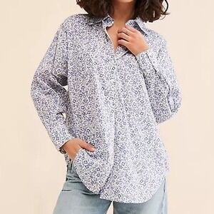 Rahi Button Down Shirt Blue White Floral Long Sleeve Oversized Blouse Size M